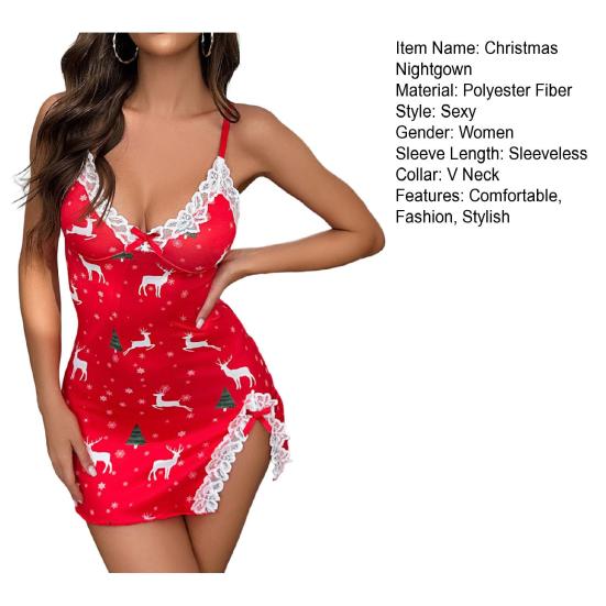 Women Lace Nightgown Sexy Spaghetti Strap Cami Sleeveless Nightdress V Neck Side Split Sleepwear Christmas Chemise Slip Dress