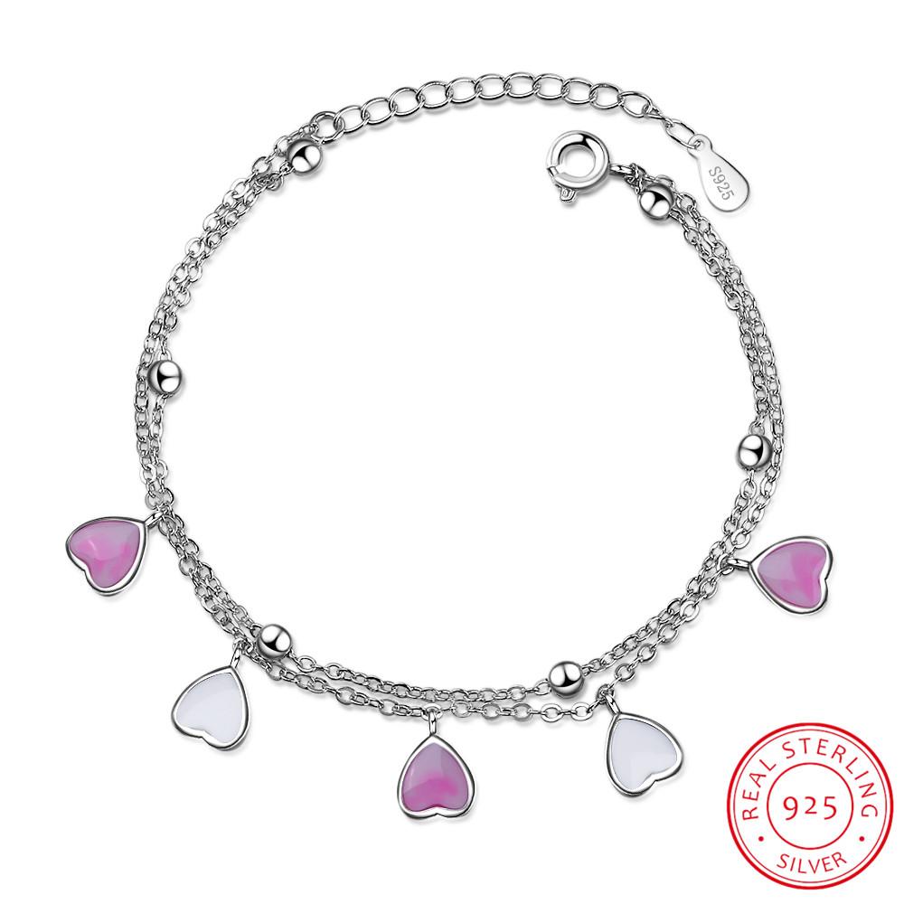 Sweet 925 Sterling Silver Pink Glaze Cherry Blossom Petals Gradient Heart Shaped Double Layer Chain Bracelets