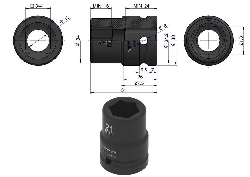 Hexagonal Impact Socket 3/4". 21 Mm. Crmo. Din 3129. Waryński