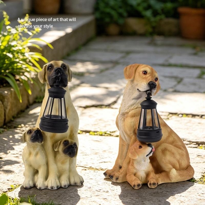 Dog Garden Statue with Hanging Light, Resin Outdoor Display Accent for Porch Lawn and Entryway Presentation Piece