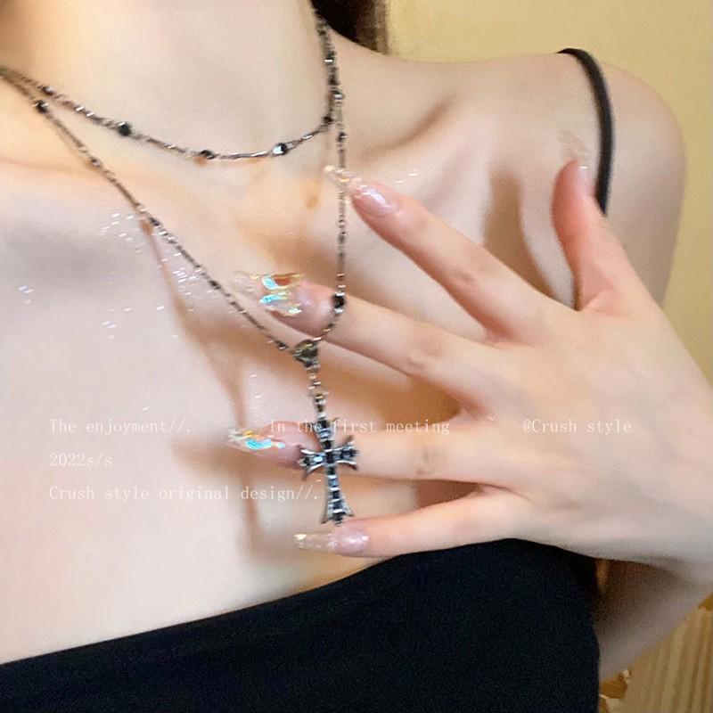 Layered Pearl Cross Pendant Necklace Women Long Sweater Chain Vintage Minimalist Choker Style