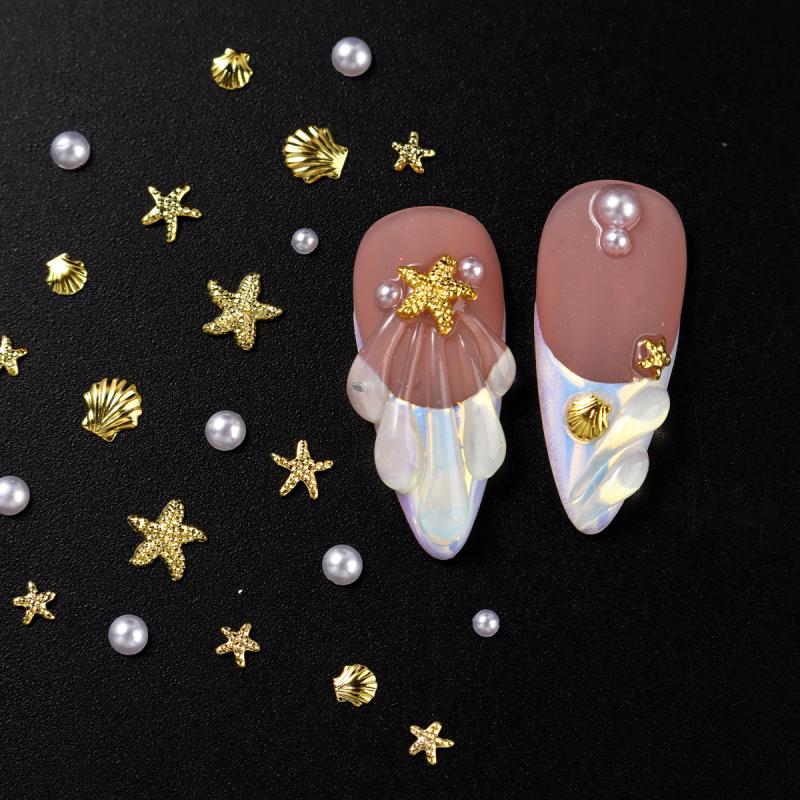 1 Bag Mixed Gold Ocean Style Nail Art Charms 3D Shell Starfish Pearl Metal Nail Jewelry Diy Nail Charm Decoration
