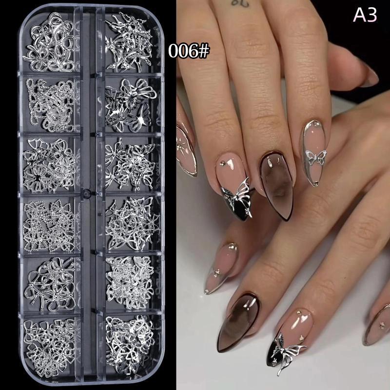 

12 Grid Mixed Metal Punk Style Rivets Bow 3D Nail Decoration Gold Silver Nail Jewelry Nail Charm Manicure Studs