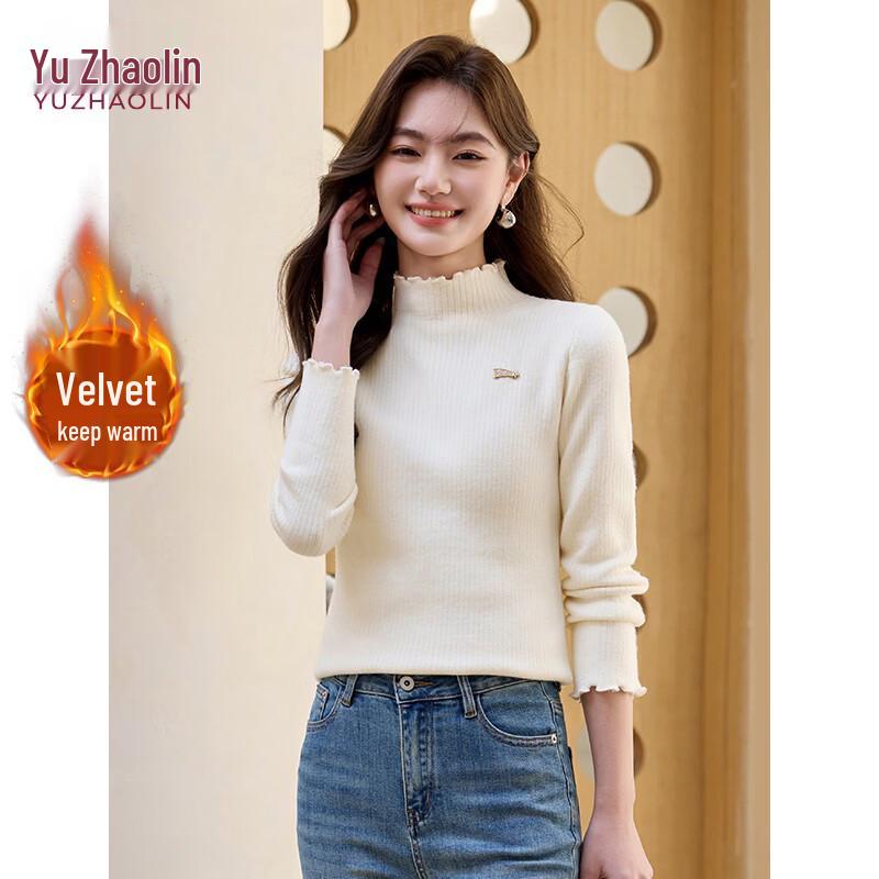 YUZHAOLIN Women s Fleece Lined Ruffle-Edge Half-High Collar Sweater Y44T140 L (105-120 jin)