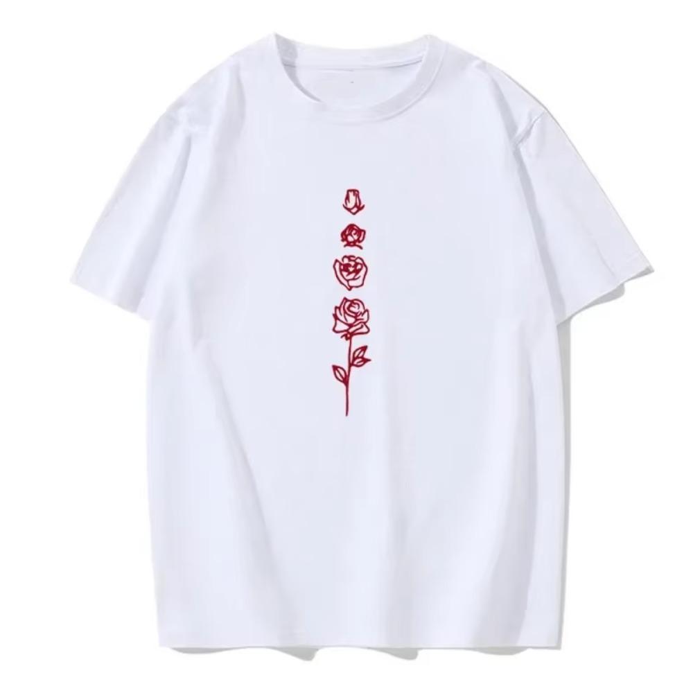 Summer Men's Rose Print T-shirt Round Neck Cotton European Size Casual Fashion Versatile European Size T-shirt Summer Men's Top
