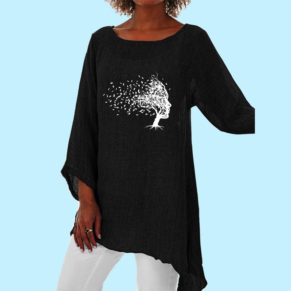 Dámská móda Dlouhá košile s 3/4 rukávem Žena Jaro Léto Neformální Potisk Tenký svetr s kulatým límečkem Volná košile