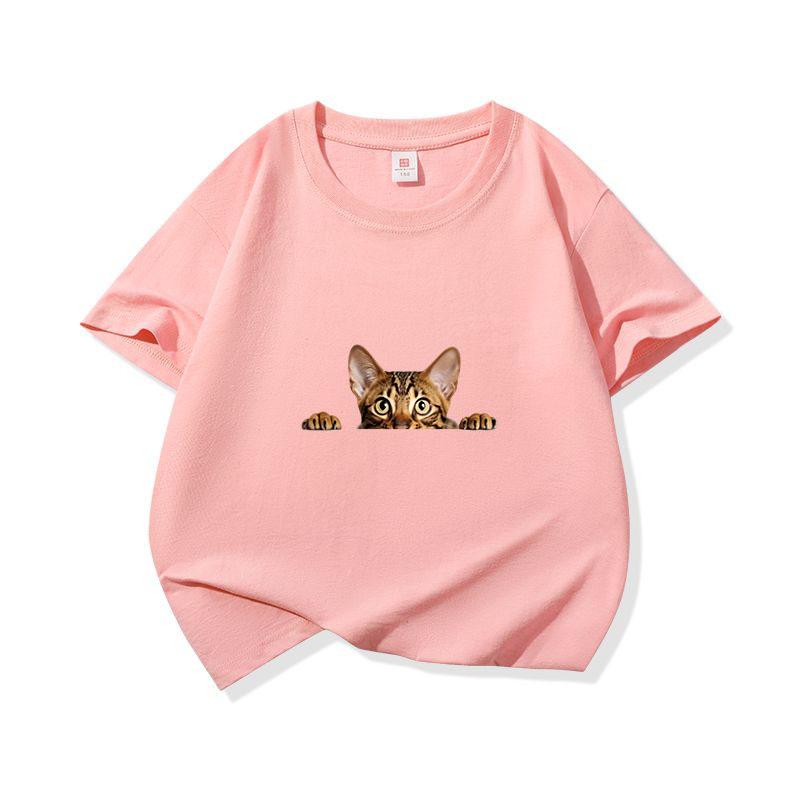 Kids Cotton T Shirt Peeking Bengal Cat Print Crew Neck Short Sleeve Tee Casual Breathable Boys Girls Summer Tops