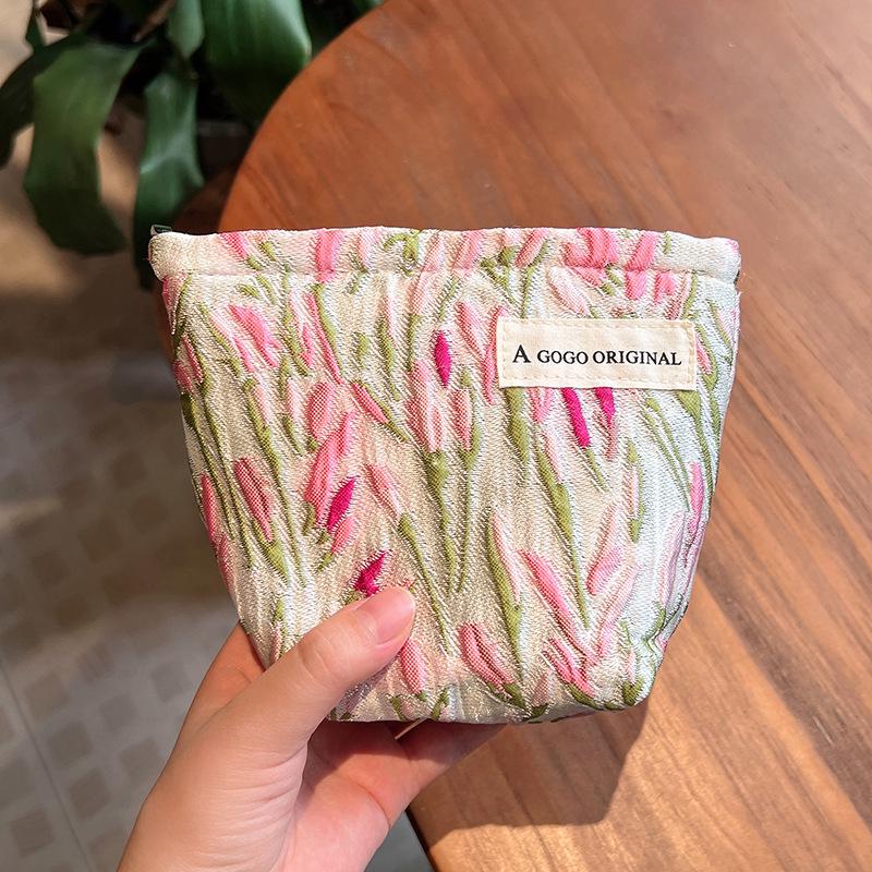 Kosmetiktasche mit großem Fassungsvermögen und rosa Tulpenmuster zur Aufbewahrung von Hautpflegeprodukten und Make-up