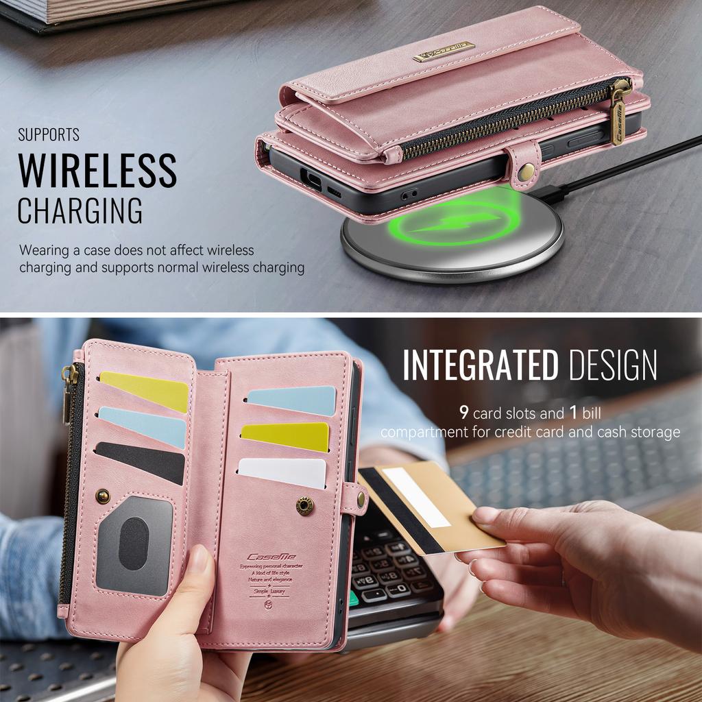 Für Samsung Galaxy S24 FE Hülle CASEME C39 RFID-Blockierung Reißverschluss Geldbörse Ständer Lederhülle mit Riemen