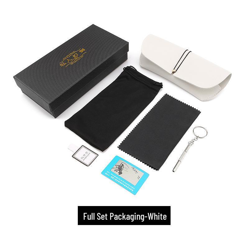 Luxury Leather Eyeglass Kit: Soft Case, Cleaning Cloth, Pouch, Screwdriver, Strap, and Buckle.