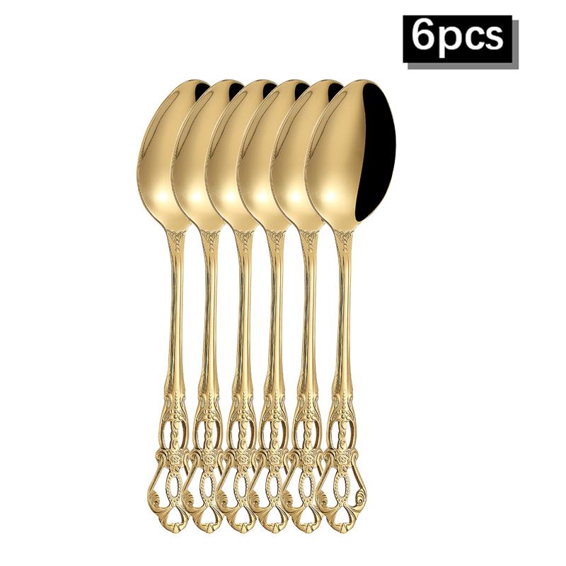 6/30pcs Gold Embossed High-end Stainless Steel Tableware Huangting Western Steak Knife and Fork Spoon Dessert Spoon and Fork