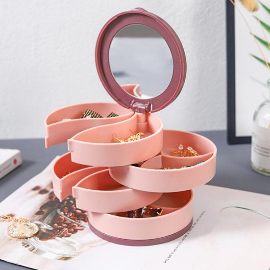 קופסת אחסון לתכשיטים פלסטיק רב-שכבתית אטומה לאבק עמידה בפני לחות סיבוב 360 מעלות מארגן תכשיטים עם מראה מובנה