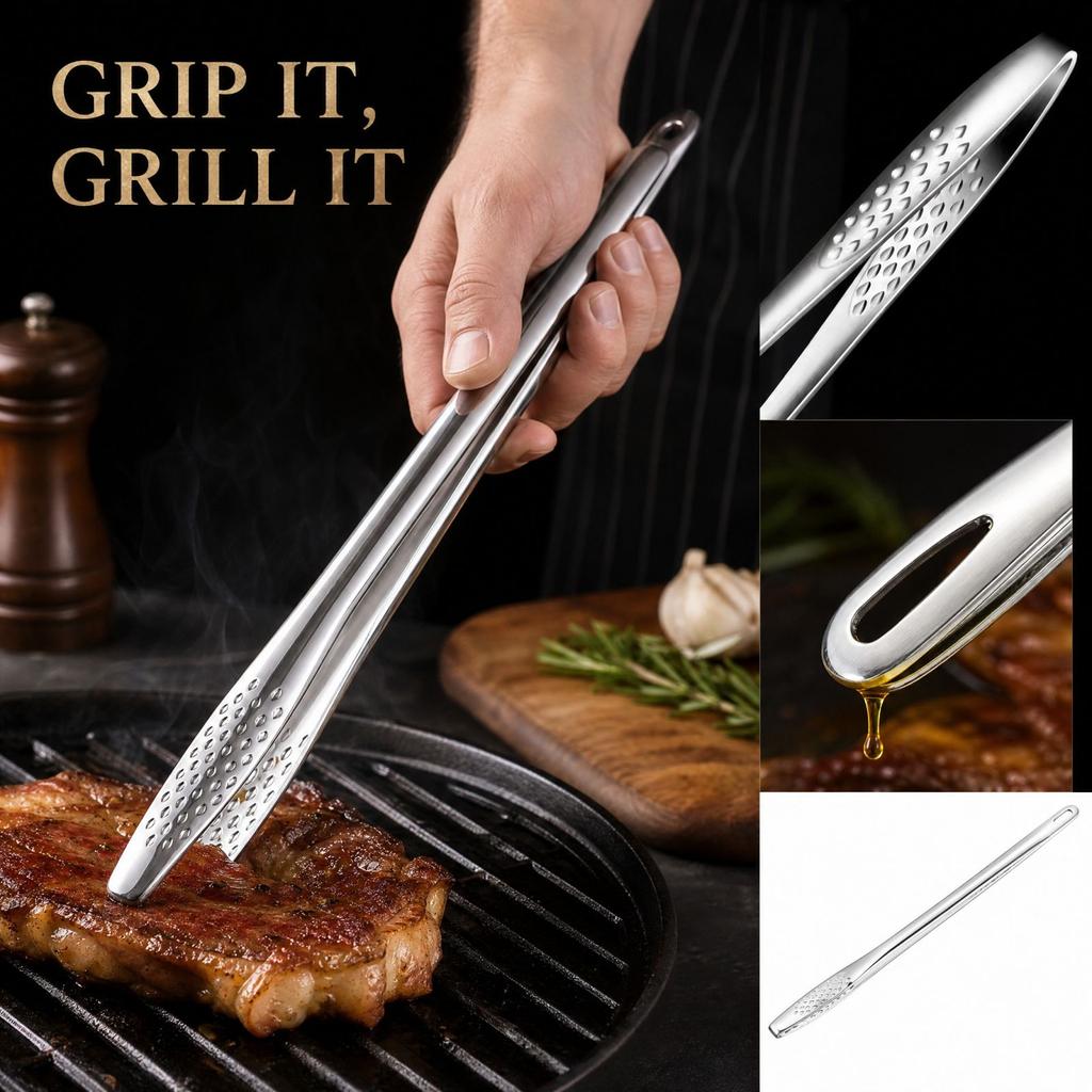 Stainless Korean BBQ Tongs with Long Handle, Large Grilling Tongs for Kitchen Barbecue Steak and Food