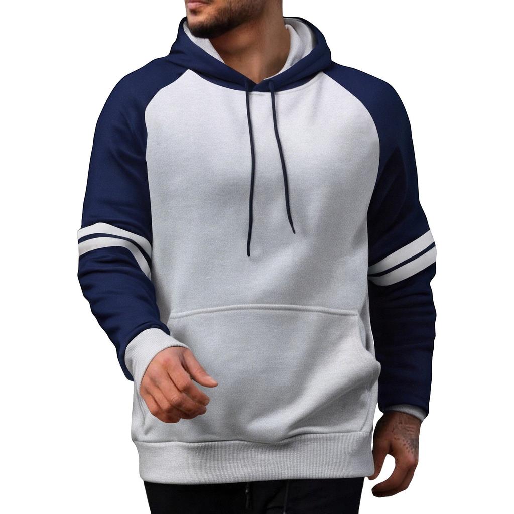Men's Casual Loose Sweatshirt Blocking Color Drawstring Large Pocket Hoodie Raglan Sleeve Sports Sweatshirt