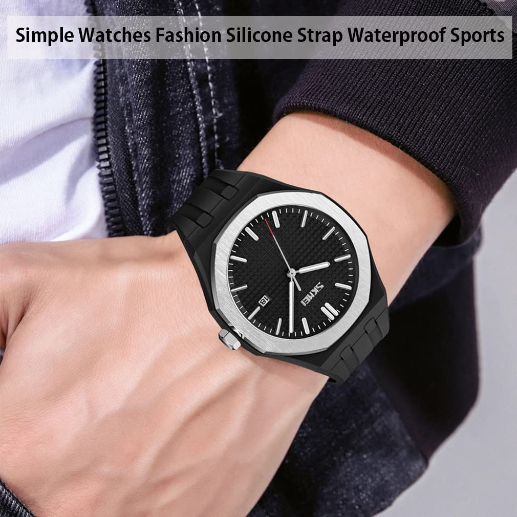 SKMEI Men's Watch, Simple Black Silicone Sport Wristwatch, Waterproof, Stylish Casual Analog Quartz Movement with Large Date Display and Fluorescent