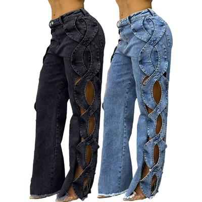 Hip Hop Hollow Out Jeans Pants Sexy Women High Waist Elegant Night Club Wide Leg Denim Straight Trousers
