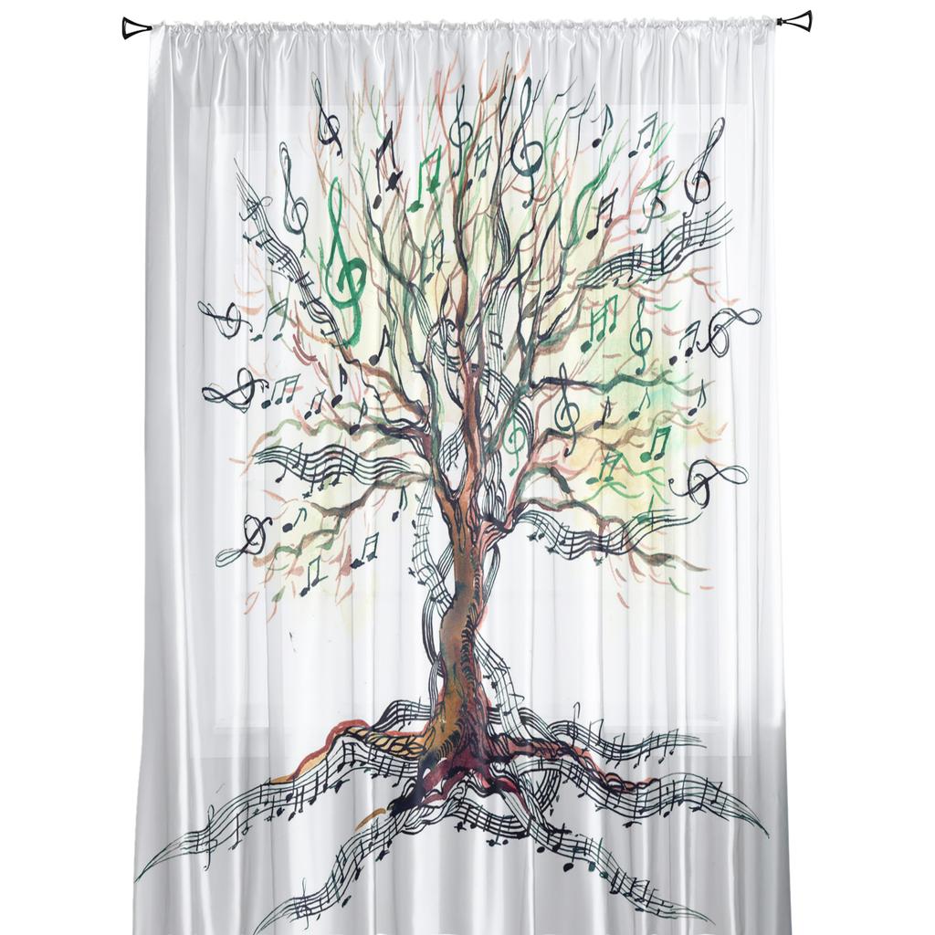 Music Tree Plant Musical Notes White Sheer Curtains for Living Room Decoration Window Curtains Kitchen Tulle Voile Curtains