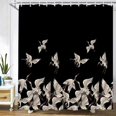 Cortina de ducha de tela con paisaje Cortinas de baño Estilo chino Escenario de tinta Flores Pájaros Impermeable Decoración Pantalla de baño con Gancho