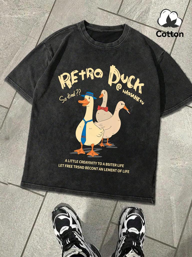Retro Duck DoesnT Feel Tired Retro Men TShirt Wash Casual Cotton Tee Fashion Loose Short Sleeve Unisex Street Clothing