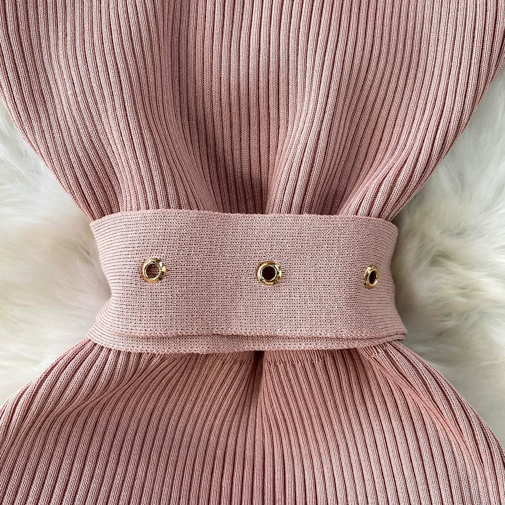 Summer Women Sleeveless Single Breasted Office Work Knitted Sweater Sheath Dresses with Belt