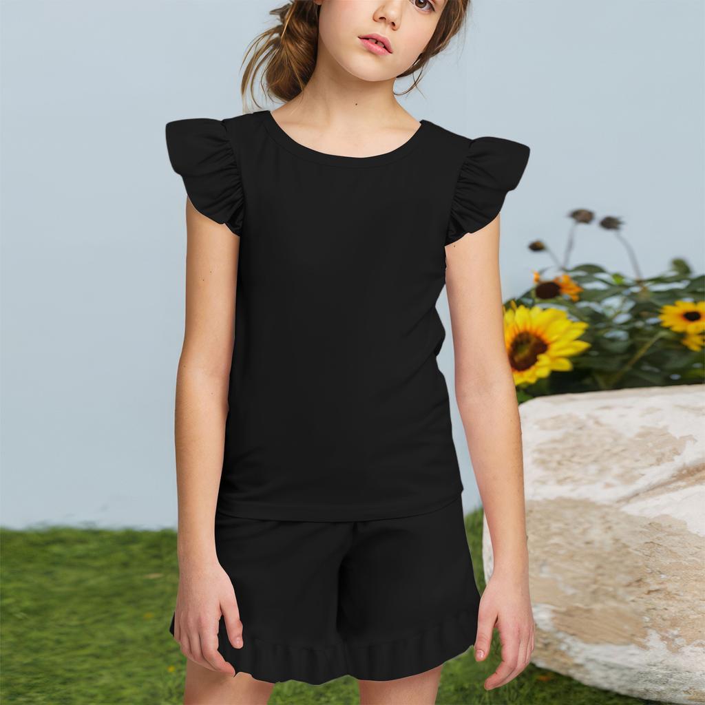 Summer Girls Cute Suit Flying Sleeves T-shirt Top + Ruffled Shorts Daily Outdoor Wear Cute Casual Fashion 2-Piece Set
