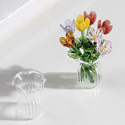 Ramo de Flores de Cristal con Jarrón Flor Mini Decoración Soplada a Mano Adorno Floral Simulación Hecho a Mano con Tallo para Sala de Estar del Hogar
