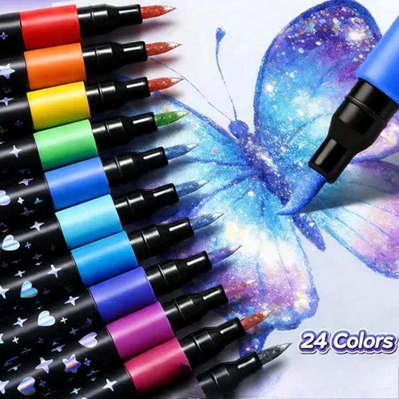 24/36PCS/Bucket Colors Dual Brush Tip Glitter Art Markers Metallic Paint Marker Pens DIY Crafts Birthday Cards Album Marker Toys