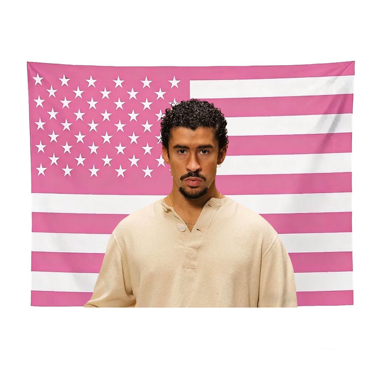 

Bad Bunny Pink American Flag Tapestry Flat Print Singer Wall Hanging Latin Pop Star Merch for Bedroom Dorm Fan Gift 74x94cm(29x37in)