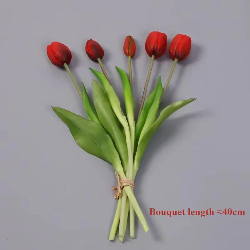 5pcs Artificial Flowers Soft Tulip Fake Flower Real Touch Home Garden Table Wedding Decoration Simulation 5-Head Tulips Bouquet