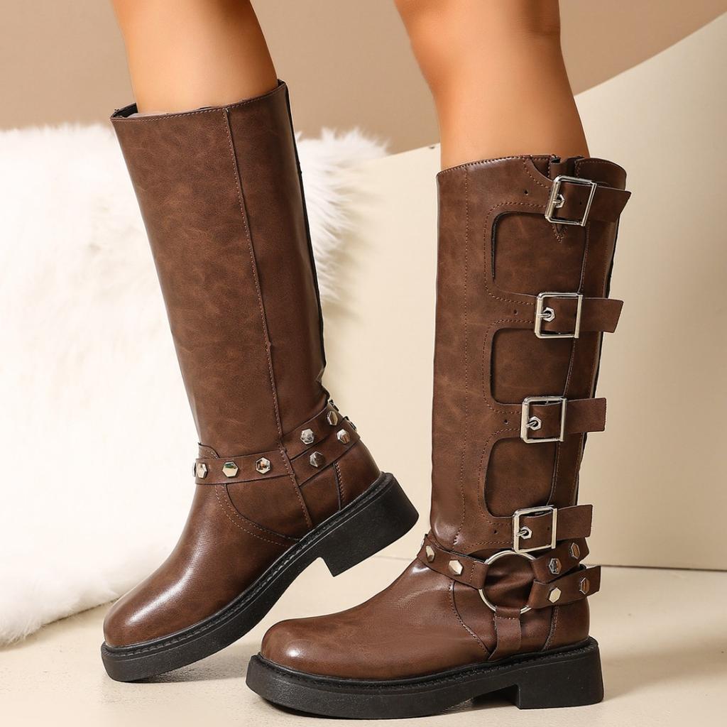 Braune lange Damenstiefel 2025 neue beliebte Retro-Cowboystiefel lange Stiefel mittelhohe Schaft hohe Ritterstiefel Hosenstiefel