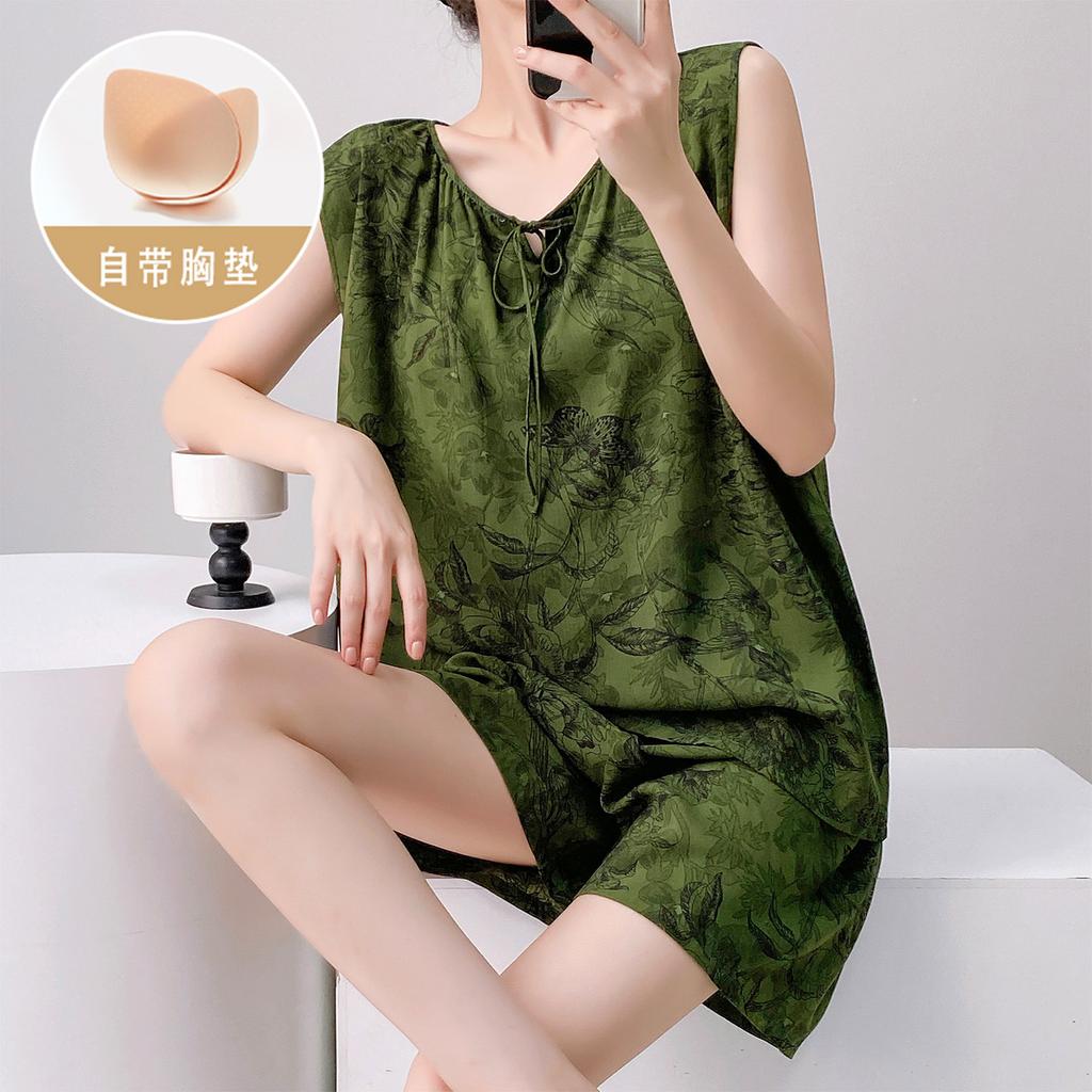 Anti-bumping dots with chest pads, pajamas for women's summer thin cotton and silk loose large-size loungewear suit, vest can be worn outside