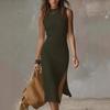 2026 European Women's Sleeveless Solid Color Knit Dress with High Slit
