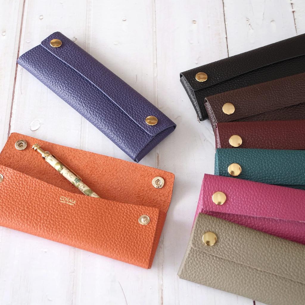 Corale Genuine Leather Pencil Case with Snap Made in Himeji Leather Buttons, Japan, (Cream Beige)