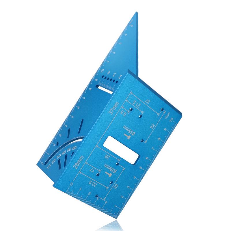 Multifunktionale Winkelmesslatte aus Aluminiumlegierung mit 45/90-Grad-Anreißlehre und Scharnierlochpositionierung.