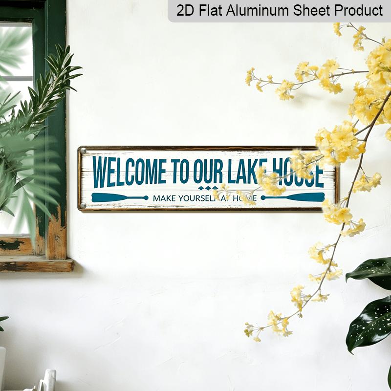1pc Rustic Lake House Welcome Sign -15.7×3.94inch Aluminium Wall Plaque with "Welcome to Our Lake House" & "Make Yourself at Home" Design, Ideal for
