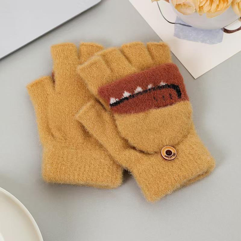 Children's Flip-Top Half-Finger Winter Gloves - Crystal Mink Dinosaur Design