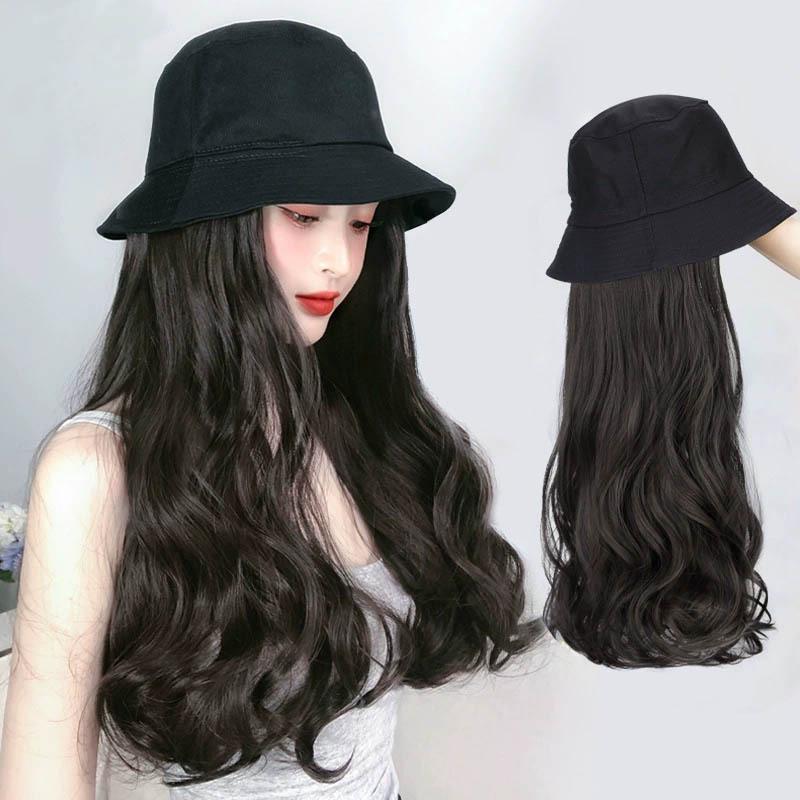 Chapéu Peruca Feminino: Chapéu Balde de Cabelo Liso Longo com Opção de Ondas Cacheadas para Início do Outono