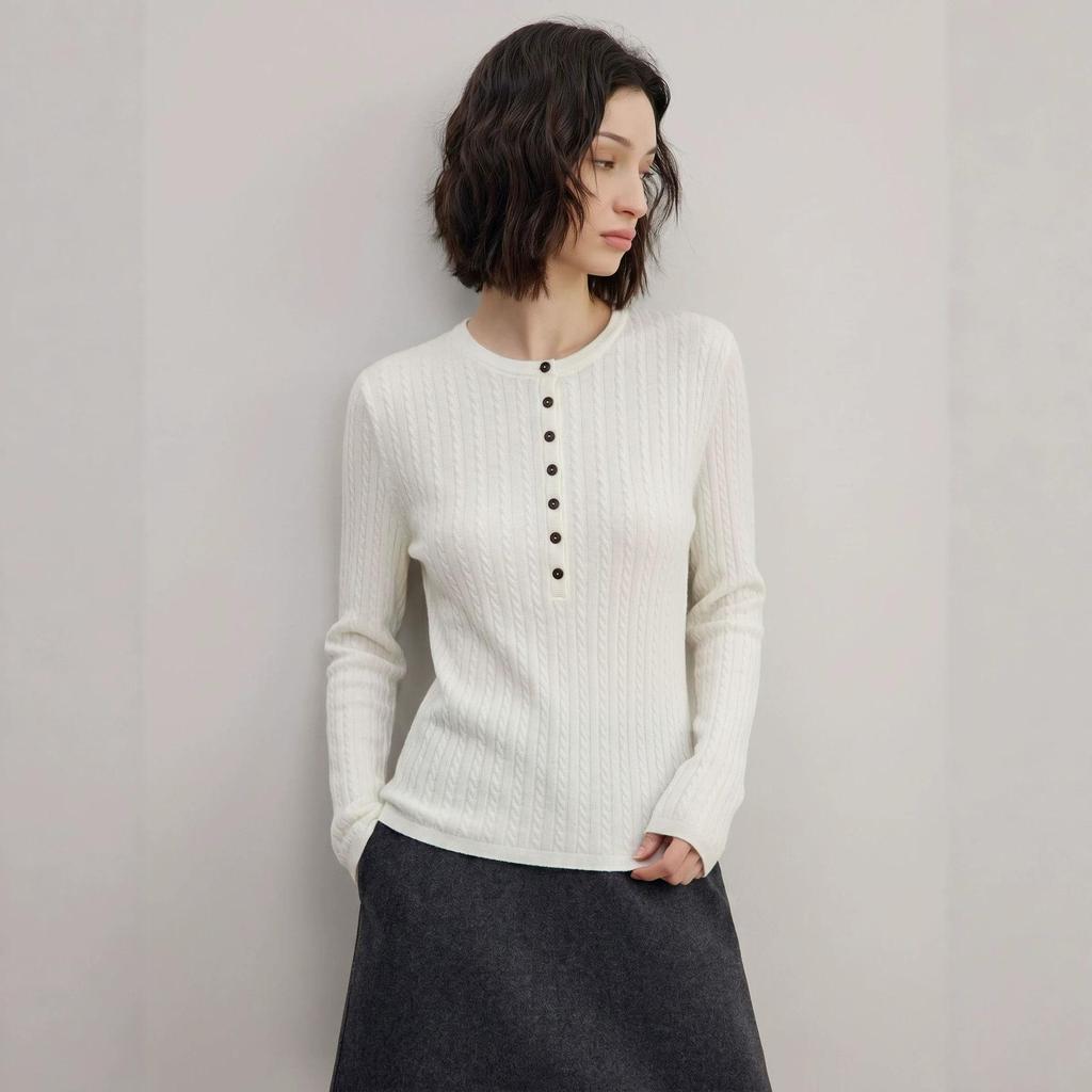 Women's Slimming Henley Wool Sweater: Retro Cable Knit, Jacquard Long Sleeve Top for Autumn & Winter
