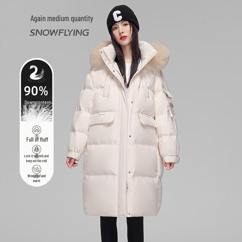 SNOWFLYING Women's Mid-length Down Jacket with Fox Fur Collar