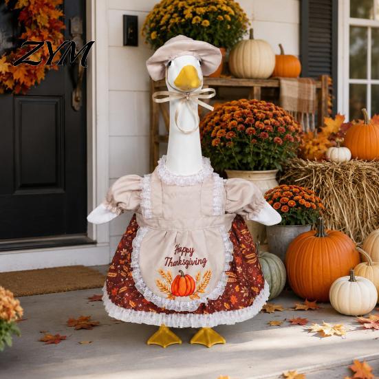 Garden Goose Statue Transformation Suits Thanksgiving Porch Outfits for 23" Statue, Fall Maple Leaf Autumn Harvest Clothes with Pumpkin Print Clothes,