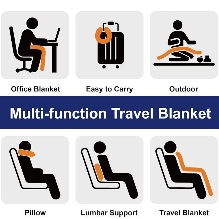 Inflatable Travel Neck Pillow with Portable Flannel Fleece Blanket and Zipper Storage Bag