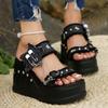 2026 High Heels Silver Metal Chain Denim Summer Wedge Heels Sandals Women Sandals Open Toe Plus Size Slippers 43