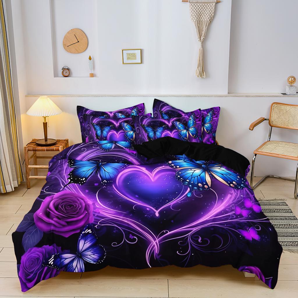 3Pcs Purple Blue Butterfly Heart Duvet Cover Set, Romantic Rose & Butterfly Bedding, For Family Bedrooms Dormitories Hotels