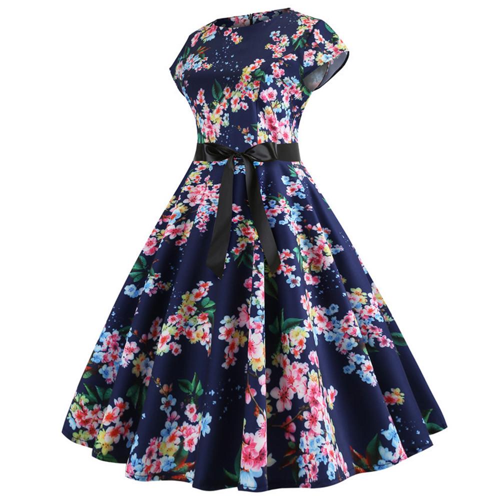 Kvinner Vintage Hebborn Kortermet O-hals Kveldsutskrift Party Ball Swing Dress