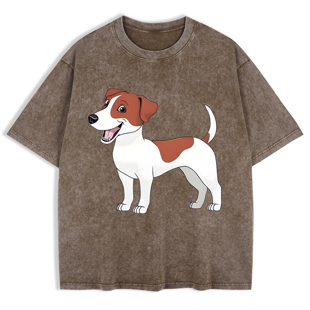 Russell Terrier Puppy Printing Washed T-Shirts Mens Cotton Short Sleeve Tops Street O-Neck Oversize T Shirt Clothes