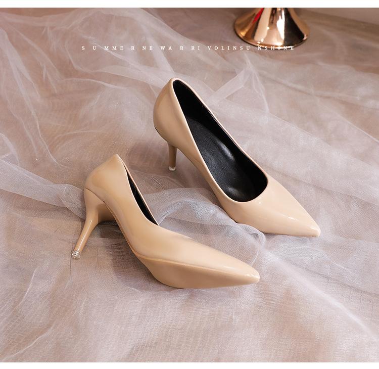 Μαύρα παπούτσια με κόκκινη σόλα και ψηλό τακούνι για την άνοιξη, νέα γυναικεία παπούτσια με μυτερή μύτη, λεπτό τακούνι, σέξι, γυαλιστερό ταμπεραμέντο, μονόπατα, παπούτσια από λουστρίνι για γυναίκες