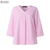 ZANZEA Women Casual V-Neck 3/4 Sleeve Loose Stripe Blouse