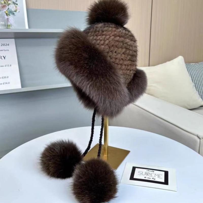 Mink Fur Hat Lei Feng Hat Natural Fur Hat With Fox Fur Ball With Ear Protection Winter Hat For Women Female Warm Knitted Hat