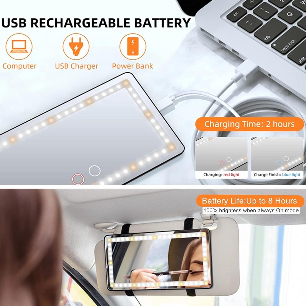Car Sun Visor Vanity Mirror, with 3 Light Modes & 60 LEDs - Rechargeable Dimmable Clip-on Rear View Sun-Shading Cosmetic Makeup Mirror, Universal for