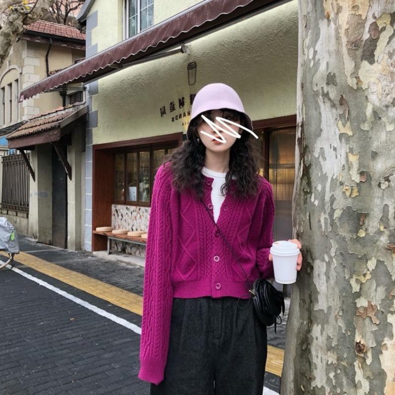 Retro Loose Lazy Wind Knitted Cardigan Women's Autumn and Winter New Solid Color Twist Short Sweater Jacket